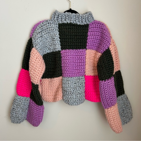 Multi Colored Crochet Pullover Sweater with Square Pattern High Neck Handmade - Picture 2 of 7